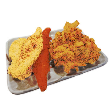 Hand-painted Tempura platter with fried vegetables, crab stick, and hairtail fish on a patterned plate, isolated on transparent background.