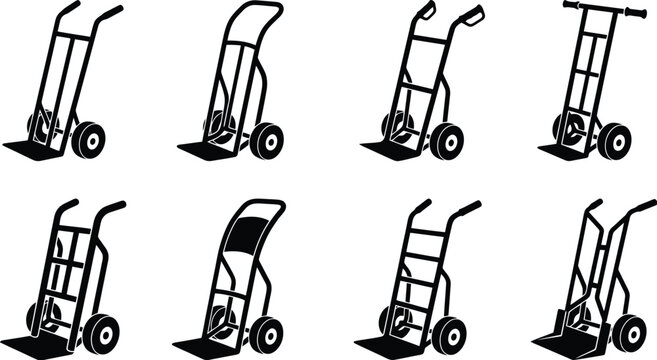 Set of Black Silhouette Icons for Hand Trucks and Dollies in Different Configurations dolly trolley