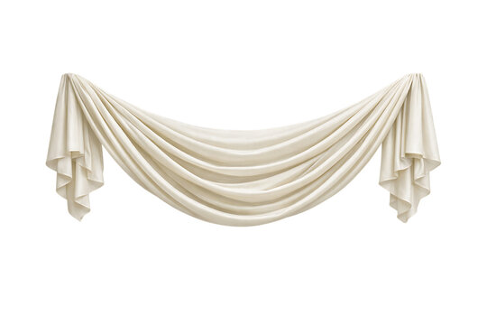 Elegant cream silk fabric swag curtain for interior design window treatment luxury theater stage wedding backdrop drape textile decoration smooth shiny isolated on transparent background