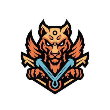 Tiger head with blue sword logo.