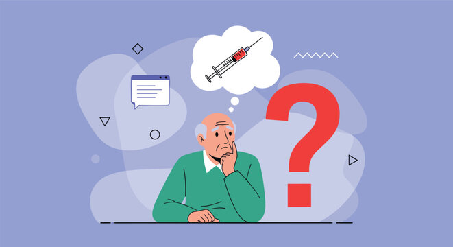 Senior man looking thoughtful and considering a medical vaccination with a syringe shown in a thought bubble near him for safety.
