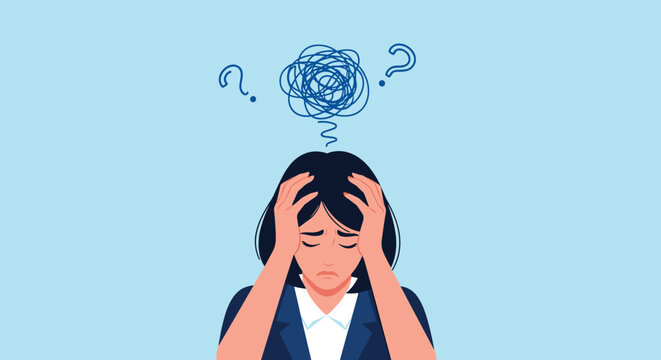 Stressed woman in a blue jacket holds her head in frustration with tangled thought bubbles and question marks floating above her.