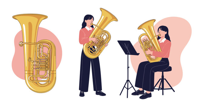 Musicians play the tuba in different poses including standing and sitting with a music stand against a soft abstract pink background.