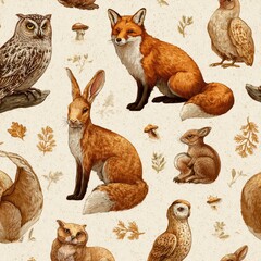 Fototapeta premium Seamless Vintage Animal Pattern With Fox, Rabbit, Owl, Deer, and Squirrel in Muted Tones on Aged Cream Background