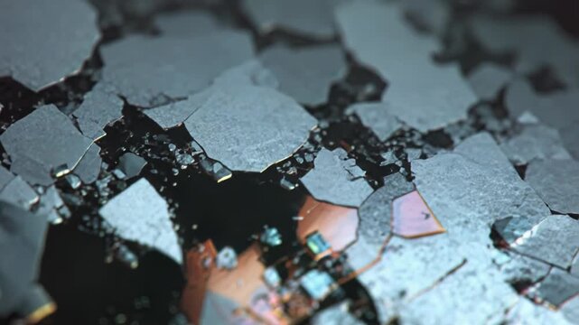Crystal fragments displaying geometric shapes and intricate details under a microscope, revealing a fascinating texture and iridescent light reflection suitable for science and abstract design