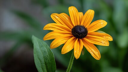 Obraz premium Bright yellow flower with dark center surrounded by green leaves