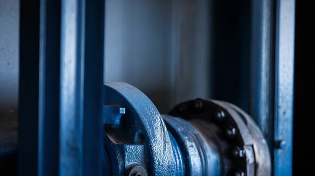 Blue industrial pipe flange connecting different parts of heavy machinery, featuring bolts and hardware, highlighting engineering and industrial equipment details