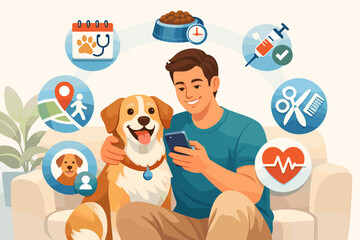 Naklejka premium Man and dog using mobile app for pet care services and health tracking