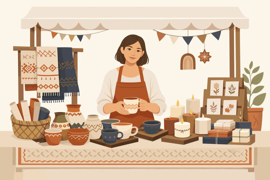 Artisan woman proudly displays handmade pottery and textiles at a market stall