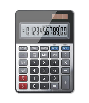 Realistic detailed metal calculator mockup template isolated on transparent background. Calculator numbers font inside. Vector PNG