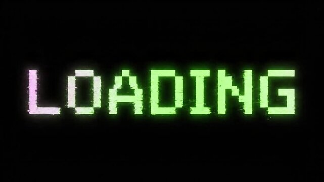 Graphic. loading 8 bit retro. Glitch effect. Neon colors on black. Video game interface.