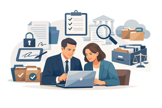Business professionals collaborating on digital documents and legal matters with technology