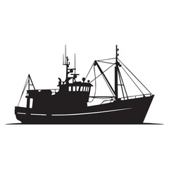 Obraz premium Silhouette of a fishing trawler boat maritime industry vector illustration for marine or seafood con