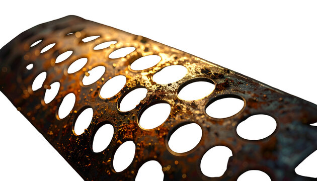 A close-up of a rusty, perforated metal tube with oval holes, dramatic lighting