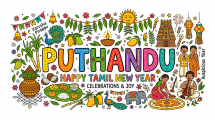 Fototapeta premium Puthandu Tamil New Year Celebrations: Joyful Doodle Art