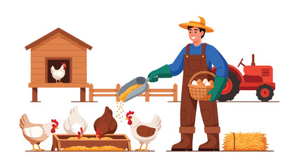 Farm Life: An illustrated view of a farmer feeding chickens, collecting eggs and showcasing farm life. © Hasib
