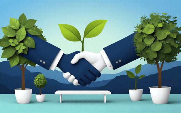 Two hands shake growing green plants symbolizing sustainable business