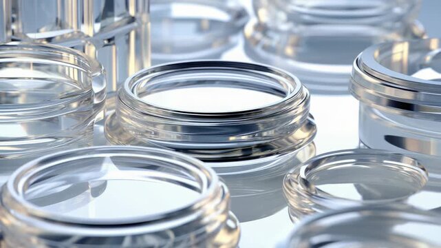 Numerous transparent glass elements and stacked optical lenses creating a clean, modern aesthetic with reflections, highlighting precision engineering and scientific innovation