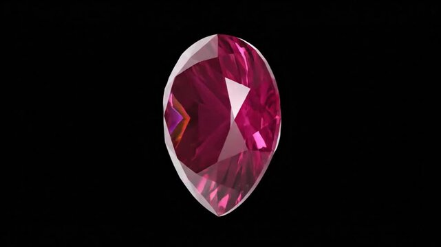Rotating pear shaped ruby gemstone on a black background displaying its facets and brilliance
