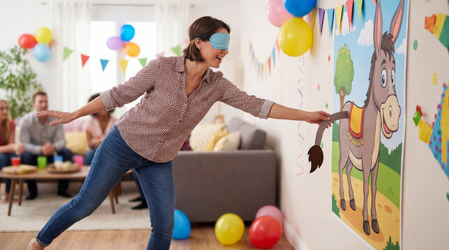 Woman playing pin the tail on the donkey at birthday party indoors  