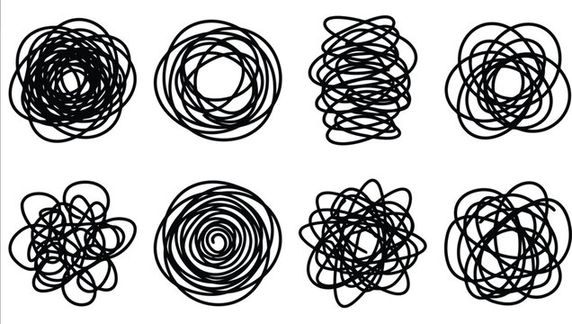 Eight Black Scribble Circles and Swirls on White Background Keywords: scribble, swirl, circle, abstract, chaos, messy, tangled, random, design element, graphic, illustration, black and white