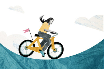 Obraz premium Composite photo collage of serious girl ride bicycle mountain trip cloud sport activity competition travel isolated on painted background