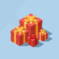 Fototapeta premium Isometric red gift boxes with golden ribbons on blue background.