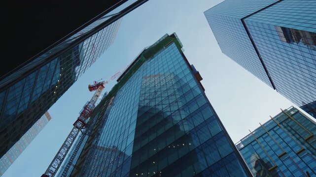 Low angle handheld shot, modern glass skyscrapers in city. Tower crane and construction highlight urban growth, corporate architecture, business district atmosphere, daylight cityscape