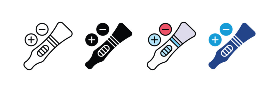 Rapid pregnancy test stick with positive result for healthcare and family planning icon set. Medical diagnostic tool for motherhood and fertility symbol. Vector Illustration.