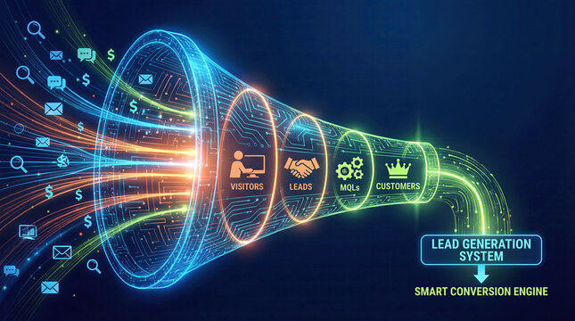 A funnel shape glowing with energy showing sales process concept. Visual representation of a digital lead generation funnel concept.