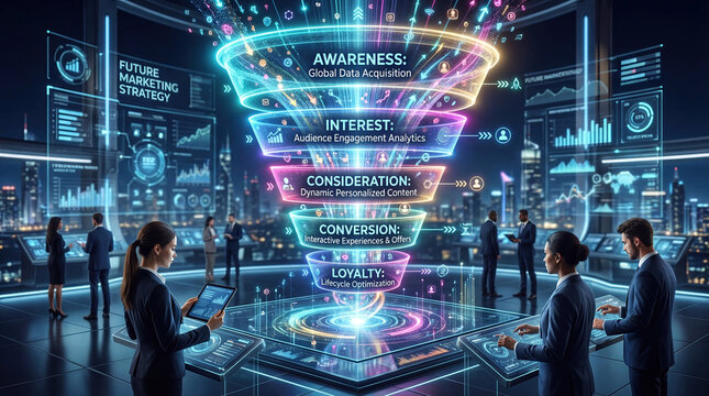 A funnel shape glowing with energy showing sales process concept. Visual representation of a marketing funnel with data analytics.