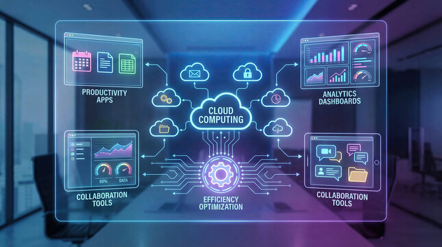 Cloud based productivity tools for efficiency concept. Visual representation of cloud computing and digital collaboration tools.