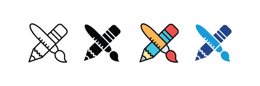 Crossed pencil and artistic paint brush for graphic design, creativity and fine arts icon set. Education and drawing tool symbol for creative workshop. Vector Illustration.
