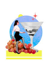 Naklejka premium Vertical sketch 3d artwork collage poster of serious girl walk grape branch sweet fruit martini glass toast friday relax occasion