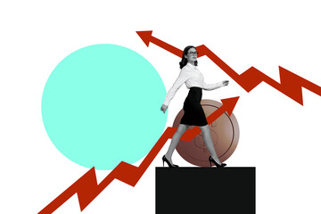 Creative trend artwork design 3D collage sketch of cash currency market wealth goal stats analyzing business trade young woman walk