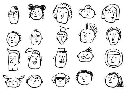 A series of doodles of faces, portraits of people