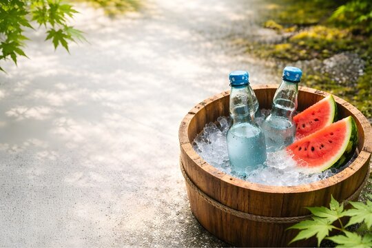 Chilled Ramune and watermelon in a bamboo bucket.