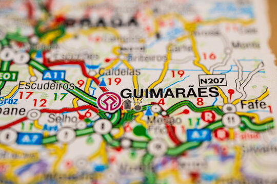 Detailed road map close up of Guimaraes Portugal historic northern city region.