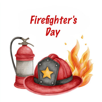 Watercolour cartoon clipart of firefighter badge day with flames and extinguisher for design projects on white background