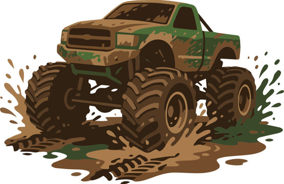 Dynamic monster truck design splashing through mud on rough terrain - powerful off-road vehicle illustration