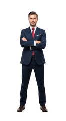 Obraz premium Confident professional man in a dark suit with arms crossed standing upright isolated on transparent background,png