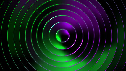 Obraz premium 3d rendering. Abstract circular spiral waves. Iridescent neon gradient in green and purple. Concentric rings with glowing edges on black background. 