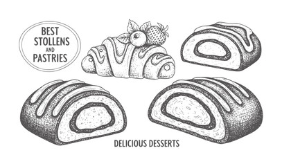 Hand drawn pastries and stollen with berries and text pastry croissant berry strawberry © Asha