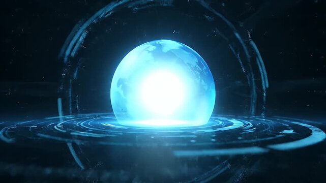 Abstract Blue Energy Sphere Pulsating with Light and Data Streams.