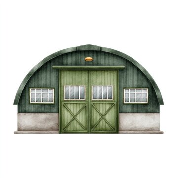 Green quonset hut with double doors and windows on white background