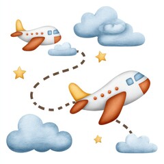 Naklejka premium Cartoon airplanes flying among clouds and stars in a whimsical sky scene on white background