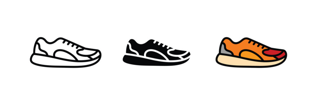 Athletic sneaker shoe for running, fitness and casual sports fashion icon set. Comfortable footwear for active lifestyle and gym symbol. Vector Illustration.