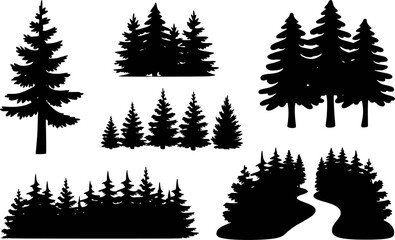 Fototapeta premium Black silhouette evergreen pine trees forest landscape collection various clusters and single trees