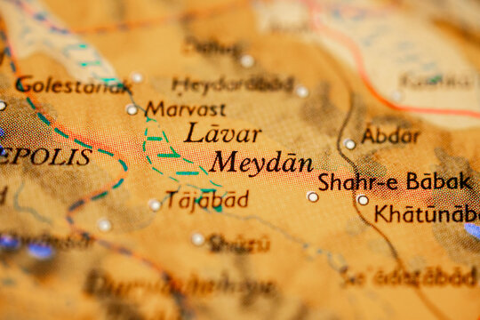 Close up map view of Lavar Meydan region in Iran showing travel navigation concept.