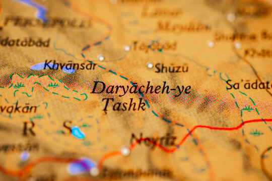 Macro map detail of Daryacheh ye Tashk lake area in Iran highlighting geographic exploration concept.